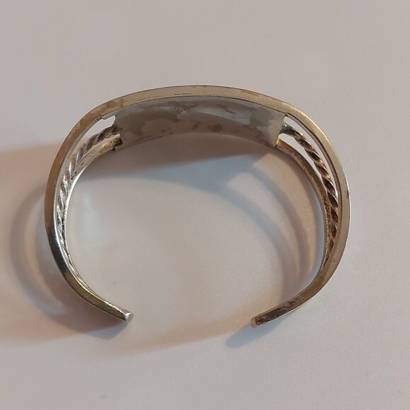 Vintage Alpaca Mexico Abalone MOP Faux Onyx Inlay Open Cuff Bracelet - Picture 5 of 9